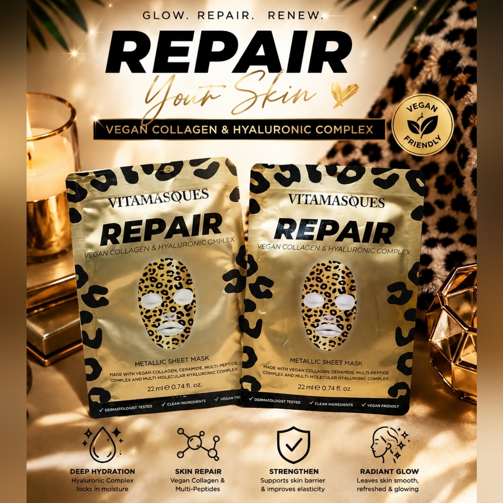 Vitamasques Repair Metallic Vegan Collagen Clean Beauty 2pc Skincare Sheet Masks